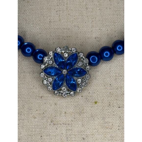 Handmade Blue Beaded Choker with Floral Crystal Accents - Picture 3 of 10